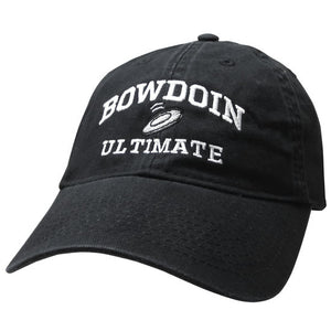 Black twill baseball cap with white embroidery of BOWDOIN arched over a flying disc over the word ULTIMATE.