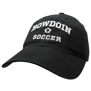 Black twill baseball cap with white embroidery of BOWDOIN arched over a soccer ball over the word SOCCER.