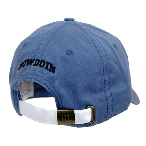 Back of blue baseball cap showing white closure with metal clasp and black BOWDOIN embroidery on back.