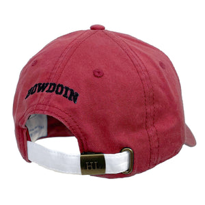 Back of red baseball cap showing white closure with metal clasp and black BOWDOIN embroidery on back.