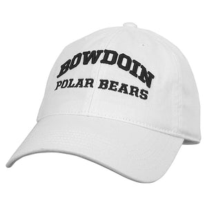 White ball cap with embroidered arched BOWDOIN over POLAR BEARS in black.