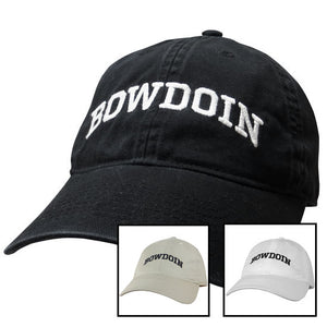 Photo showing three different Bowdoin baseball caps, one black, one white, and one beige.