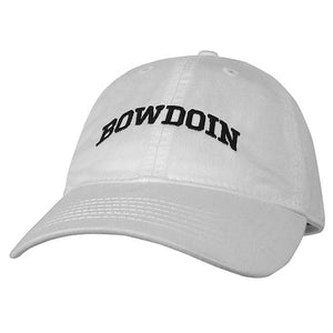 White twill baseball cap with the word BOWDOIN embroidered in black on the front in an arch.