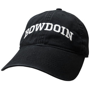 Black twill baseball cap with the word BOWDOIN embroidered in white on the front in an arch.