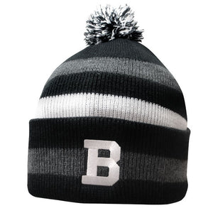 Knit hat with black, gray, and white stripes and pom. A Bowdoin B is embroidered on the turned-up cuff.