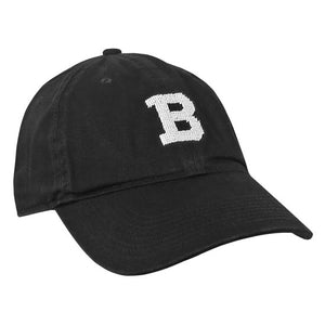 Black ball cap with needlepointed white B on front.