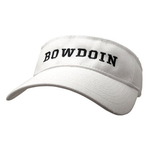 White twill tennis visor with black BOWDOIN embroidery across band.