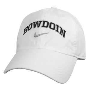 White baseball cap with arched BOWDOIN embroidery in black with silver outline over silver Nike Swoosh.