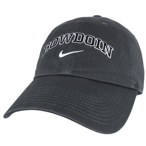 Anthracite gray baseball cap with arched BOWDOIN embroidery in black with white outline over white Nike Swoosh.