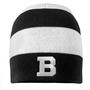 Beanie with thick black and white stripes. White B patch.