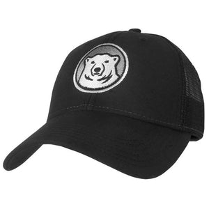 Black ball cap with mesh back and embroidered mascot medallion on front.