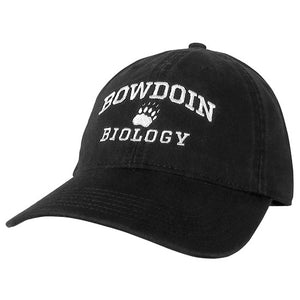 Black ball cap with white embroidery of BOWDOIN arched over a paw over BIOLOGY