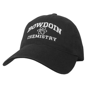 Black ball cap with white embroidery of BOWDOIN arched over an atom over CHEMISTRY