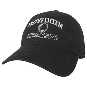 Black ball cap with white embroidery of BOWDOIN arched over a circle of fish and DNA over ECOLOGY, EVOLUTION, AND MARINE BIOLOGY