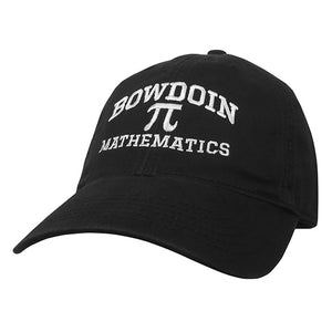 Black ball cap with white embroidery of BOWDOIN arched over pi over MATHEMATICS