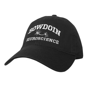 Black ball cap with white embroidery of BOWDOIN arched over a neuron over NEUROSCIENCE