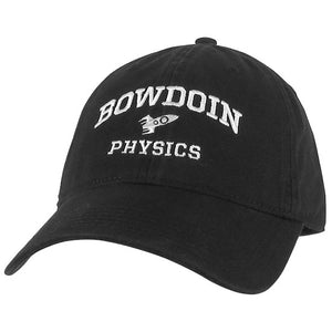 Black ball cap with white embroidery of BOWDOIN arched over a rocketship over PHYSICS