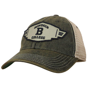 Faded black mesh back baseball hat with large grey patch on front with "wings". Embroidery is black and is BOWDOIN arched over B over the word COLLEGE.