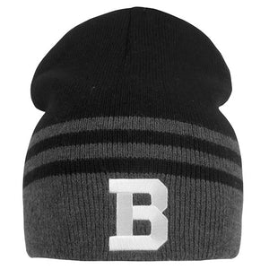 Black knit beanie with 3 grey stripes: one thick around the rim of the hat, and two thinner stacked over it. There's a large white embroidered B on the thickest grey stripe.