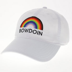 White hat with curved rainbow including black, brown, red, orange, yellow, green, blue, violet, light blue, and light pink, over the word BOWDOIN.