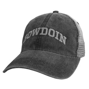 Faded black ball cap with grey mesh back and silver arched BOWDOIN embroidery on front.