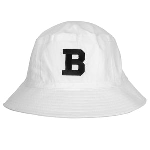 White bucket hat with black B patch
