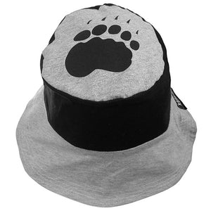 Top of bucket hat with paw print.