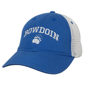 Pacific blue trucker hat with white mesh back and white BOWDOIN arched over paw embroidery
