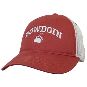 Nantucket red trucker hat with white mesh back and white BOWDOIN arched over paw embroidery