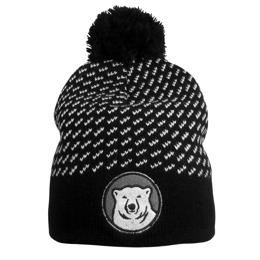 Black knit beanie with white checks, black pom, and embroidered polar bear mascot medallion.