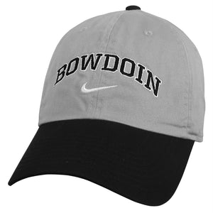 Pewter gray hat with black bill and arched BOWDOIN in black with white outline over white Swoosh embroidery