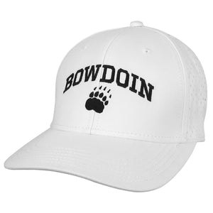 White ball cap with black embroidery of BOWDOIN arched over paw print.