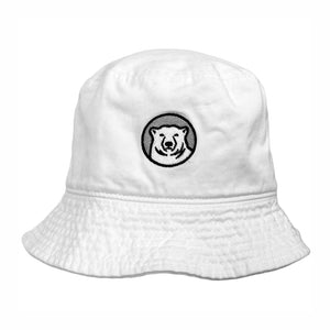 White bucket hat with embroidered polar bear medallion.