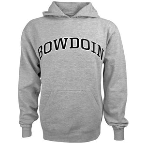 Oxford gray pullover hooded sweatshirt with arched twill BOWDOIN embroidered on the front in black with a white stroke outline.