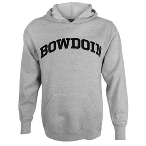 Oxford gray pullover hooded sweatshirt with black arched BOWDOIN imprint on chest.