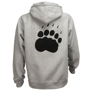 Back view of an Oxford heather gray hooded sweatshirt showing a large black polar bear paw print imprinted on the back.