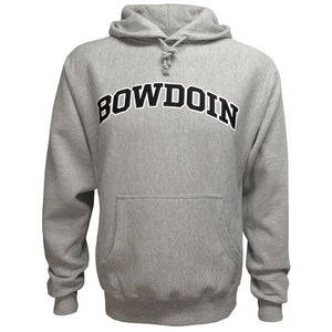 Oxford heather gray pullover hooded sweatshirt with drawstring hood and front pouch pocket. BOWDOIN is imprinted on the chest in black with a white stroke outline.