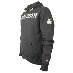Charcoal gray pullover hood with ivory BOWDOIN applique on chest and ivory paw print applique on left sleeve.