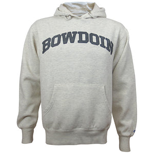 Oatmeal heathered pullover hood with blue-grey arched BOWDOIN applique on chest.