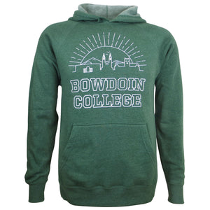 Moss green pullover hood with white chest imprint of the sun rising behind iconic Bowdoin buildings (art museum, chapel, Hubbard hall) with the text BOWDOIN COLLEGE outlined below.