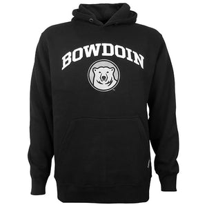 Black hooded sweatshirt with embroidered white BOWDOIN arched over embroidered mascot medallion.