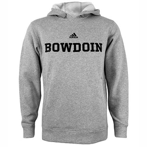 Heather grey pullover hood with black imprint on chest of Adidas logo over BOWDOIN