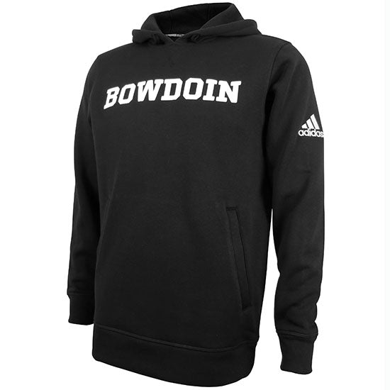 Black pullover hood with white BOWDOIN imprint on chest and white Adidas logo on left sleeve.