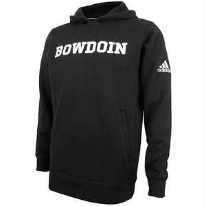 Black pullover hood with white BOWDOIN imprint on chest and white Adidas logo on left sleeve.