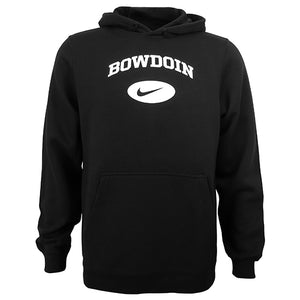 Black pullover sweatshirt with white Bowdoin arched over Nike Swoosh in a white oval.