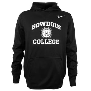 Black hoodie with white imprint of BOWDOIN arched over mascot medallion over COLLEGE