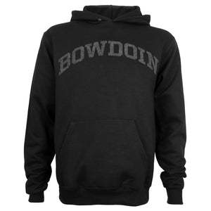 Black fleece pullover hooded sweatshirt with woolly charcoal appliqué of arched BOWDOIN on chest.