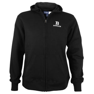 Black full-zip hood with white embroidered B over BOWDOIN on left chest