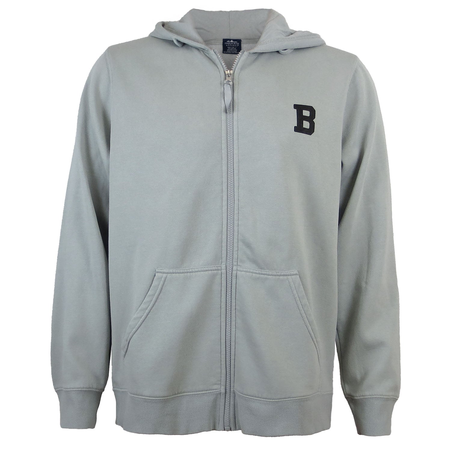 Pale grey full zip hood with black B on left chest.