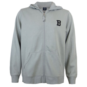 Pale grey full zip hood with black B on left chest.